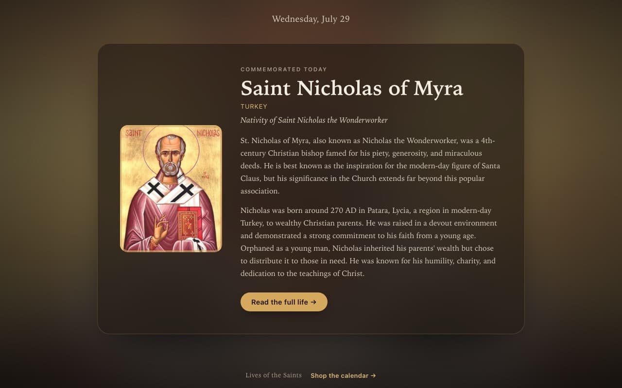 The same new tab in dark mode, showing Saint Nicholas of Myra