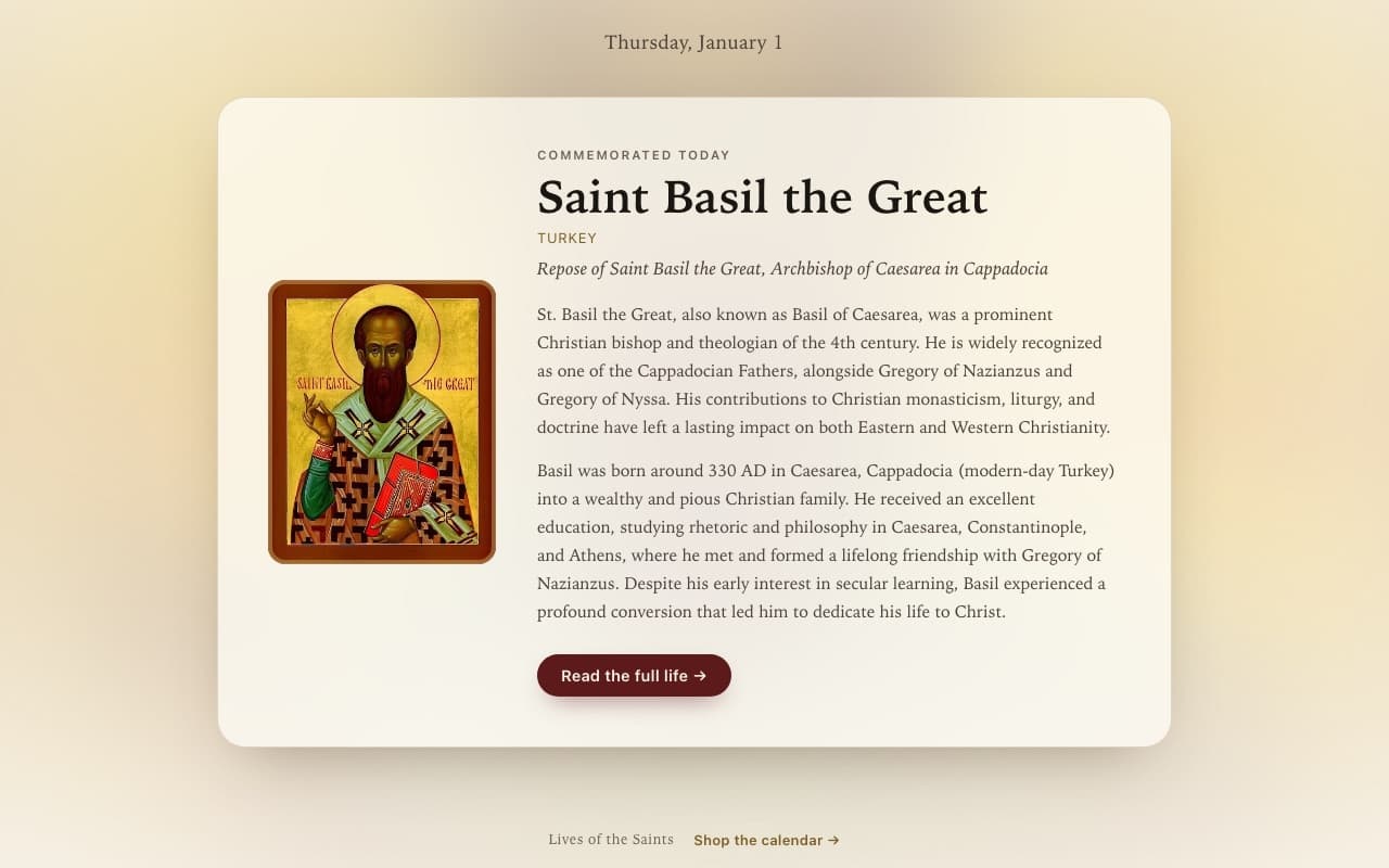 The Saint of the Day new tab showing Saint Basil the Great, his icon, and the opening of his life
