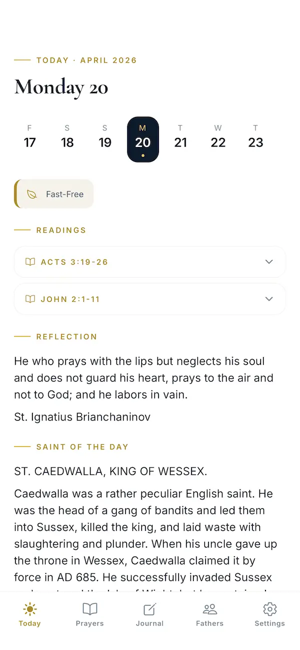 Orthodox Christian app — Today view showing daily readings and saint of the day